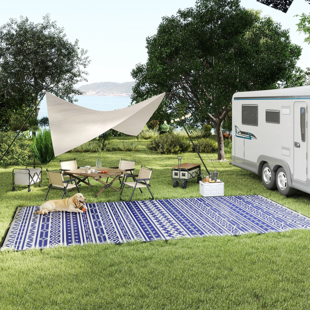 9' x 18' Reversible Outdoor Rug, Blue White Geometric