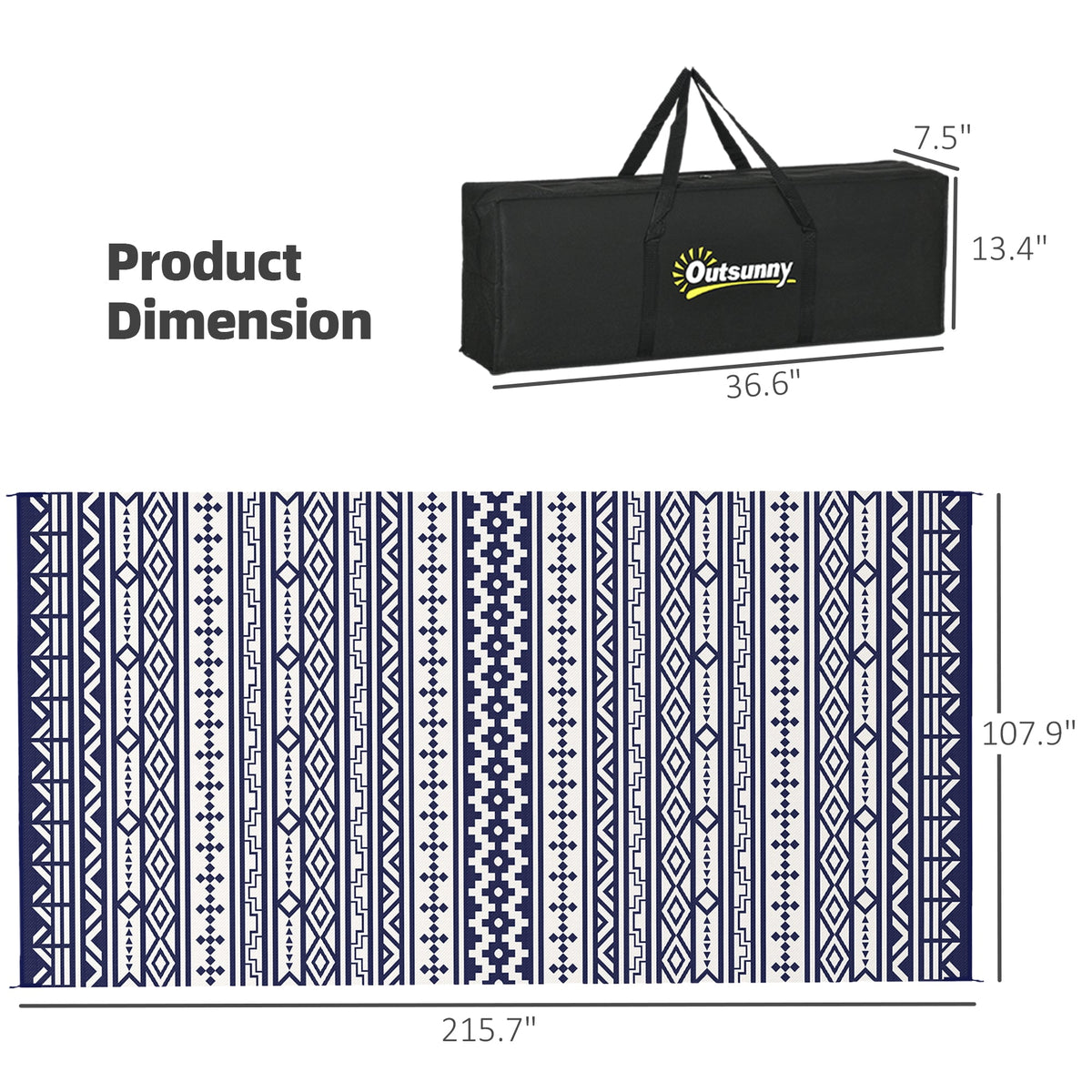 9' x 18' Reversible Outdoor Rug, Blue White Geometric