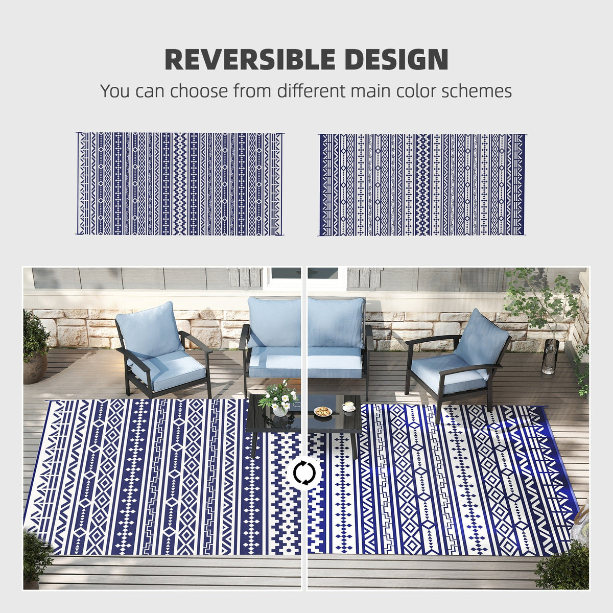 9' x 18' Reversible Outdoor Rug, Blue White Geometric