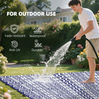 9' x 18' Reversible Outdoor Rug, Blue White Geometric