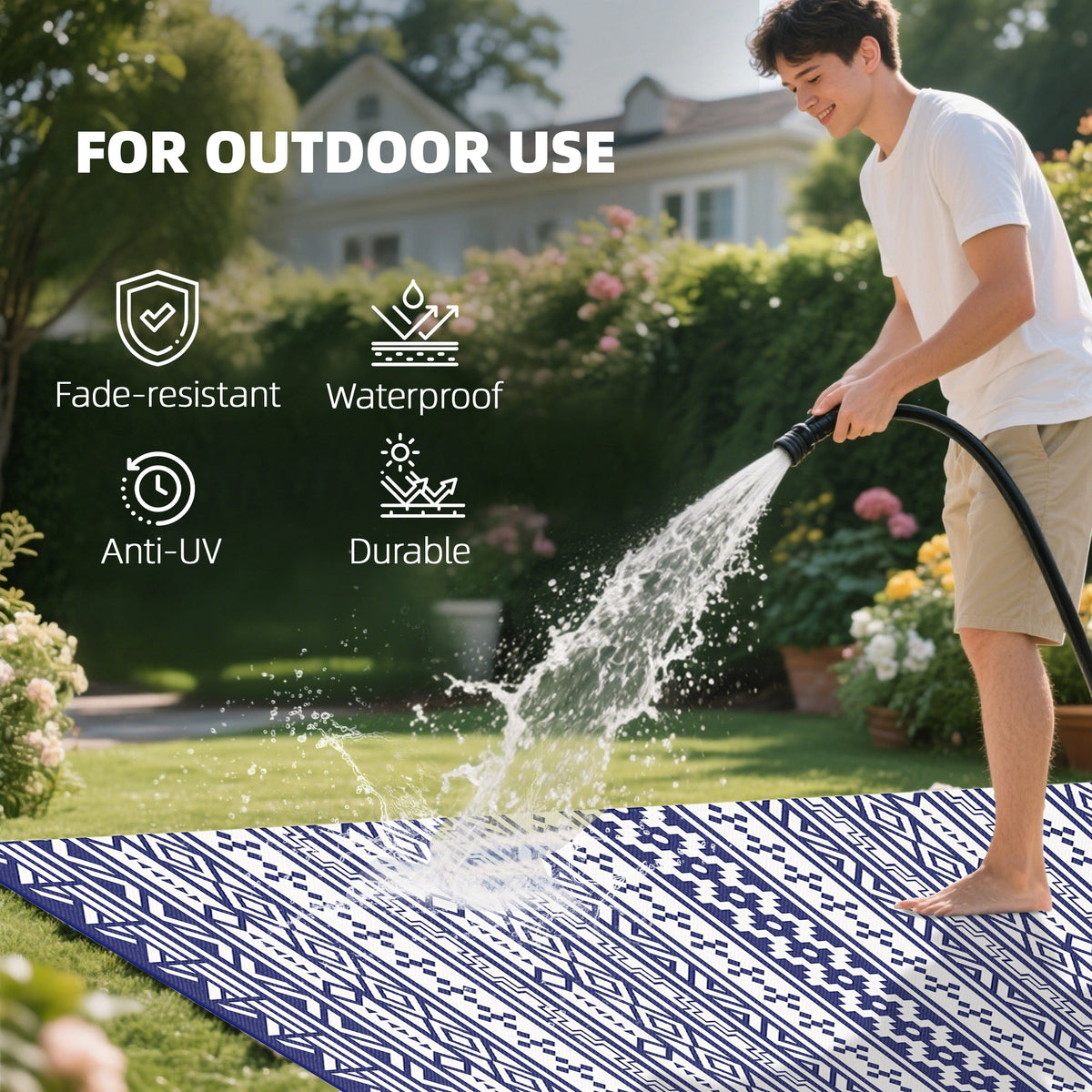9' x 18' Reversible Outdoor Rug, Blue White Geometric
