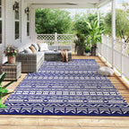 9' x 18' Reversible Outdoor Rug, Blue White Geometric