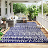 9' x 18' Reversible Outdoor Rug, Blue White Geometric