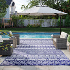 9' x 18' Reversible Outdoor Rug, Blue White Geometric