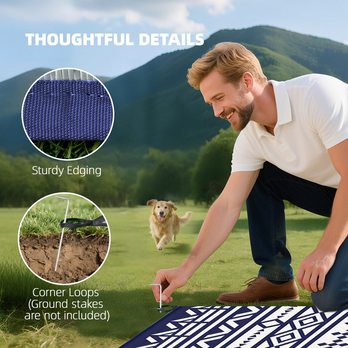 9' x 18' Reversible Outdoor Rug, Blue White Geometric