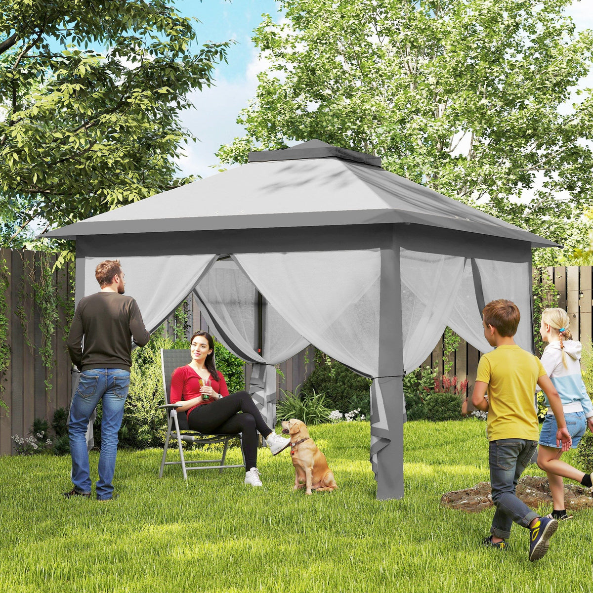 11' x 11' Pop Up Canopy with Double Roof and Mesh Sidewalls, Light Grey