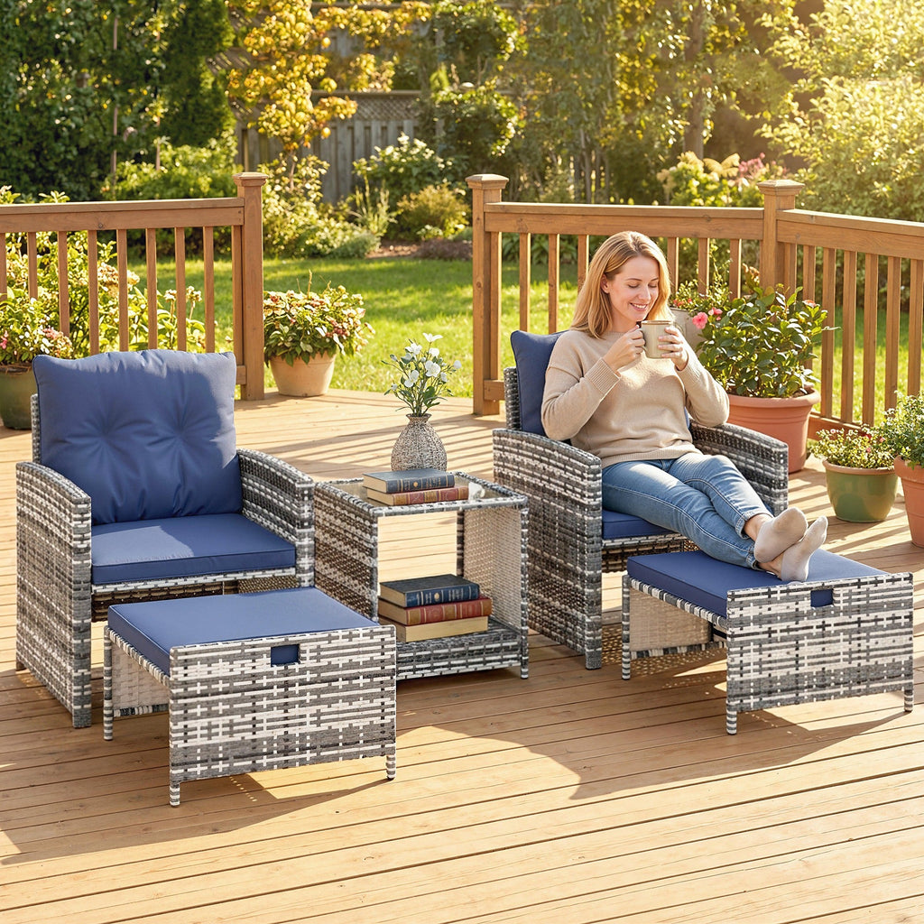 5-Piece Rattan Patio Set with Ottomans & 2-Tier Glass Table, Grey/Dark Blue
