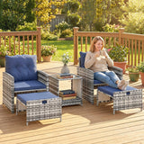 5-Piece Rattan Patio Set with Ottomans & 2-Tier Glass Table, Grey/Dark Blue