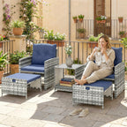 5-Piece Rattan Patio Set with Ottomans & 2-Tier Glass Table, Grey/Dark Blue