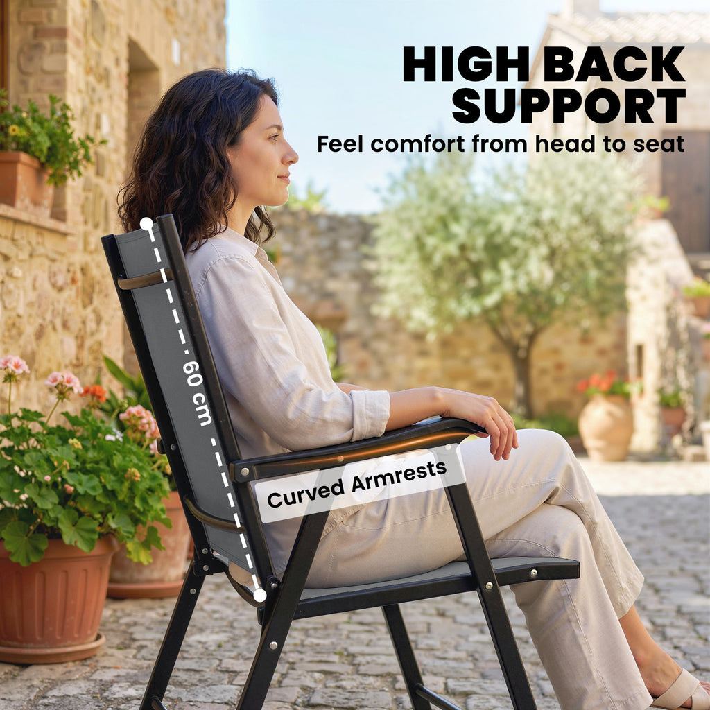 Set of 2 Folding Garden Chairs with High Back and Armrests, Light Grey