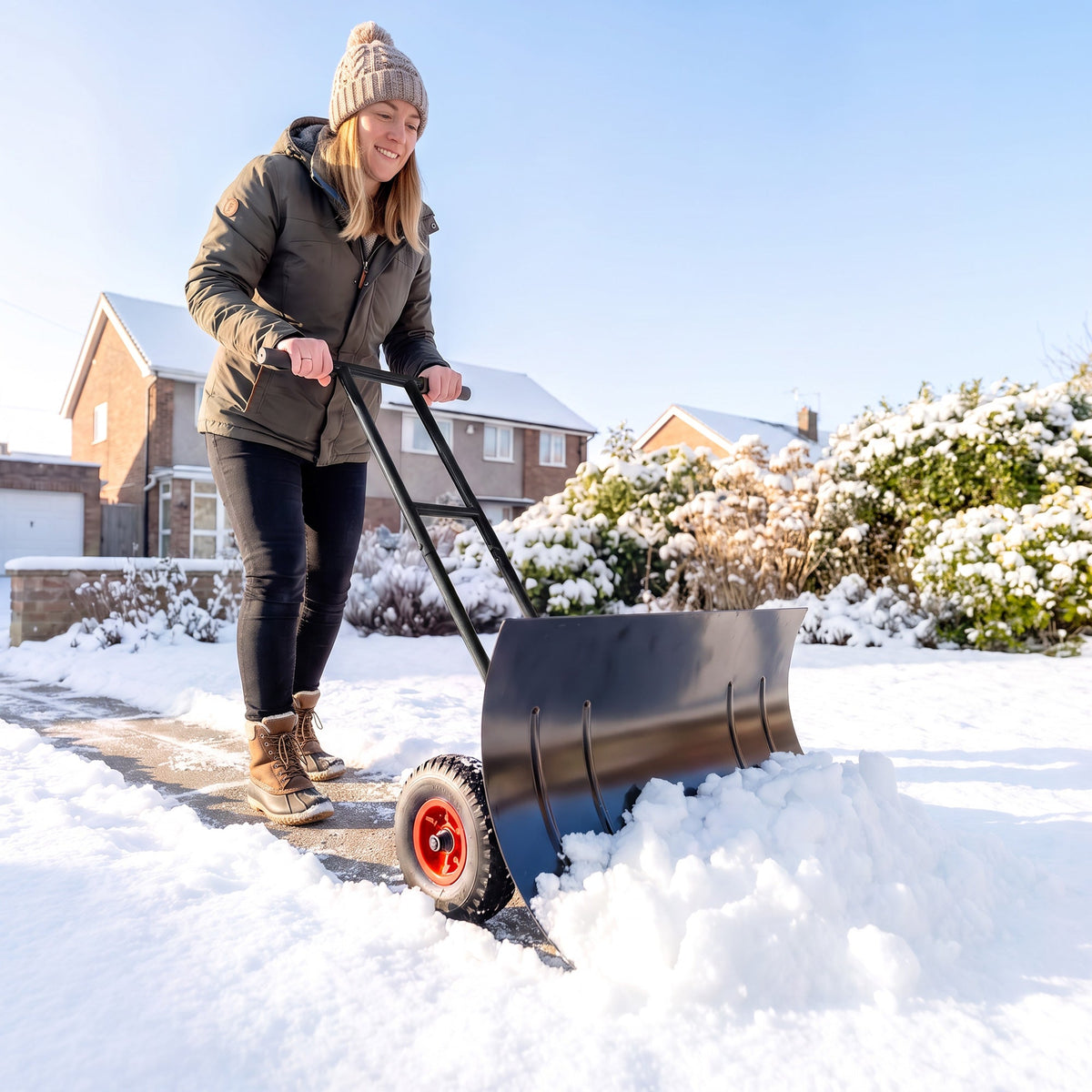 29" x 18" Heavy Duty Metal Snow Pusher with Wheels, 5-Level Adjustable Handle, Black
