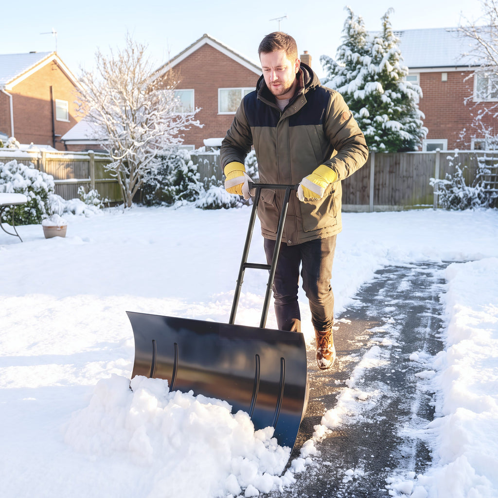 29" x 18" Heavy Duty Metal Snow Pusher with Wheels, 5-Level Adjustable Handle, Black