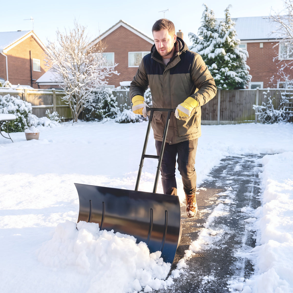 29" x 18" Heavy Duty Metal Snow Pusher with Wheels, 5-Level Adjustable Handle, Black