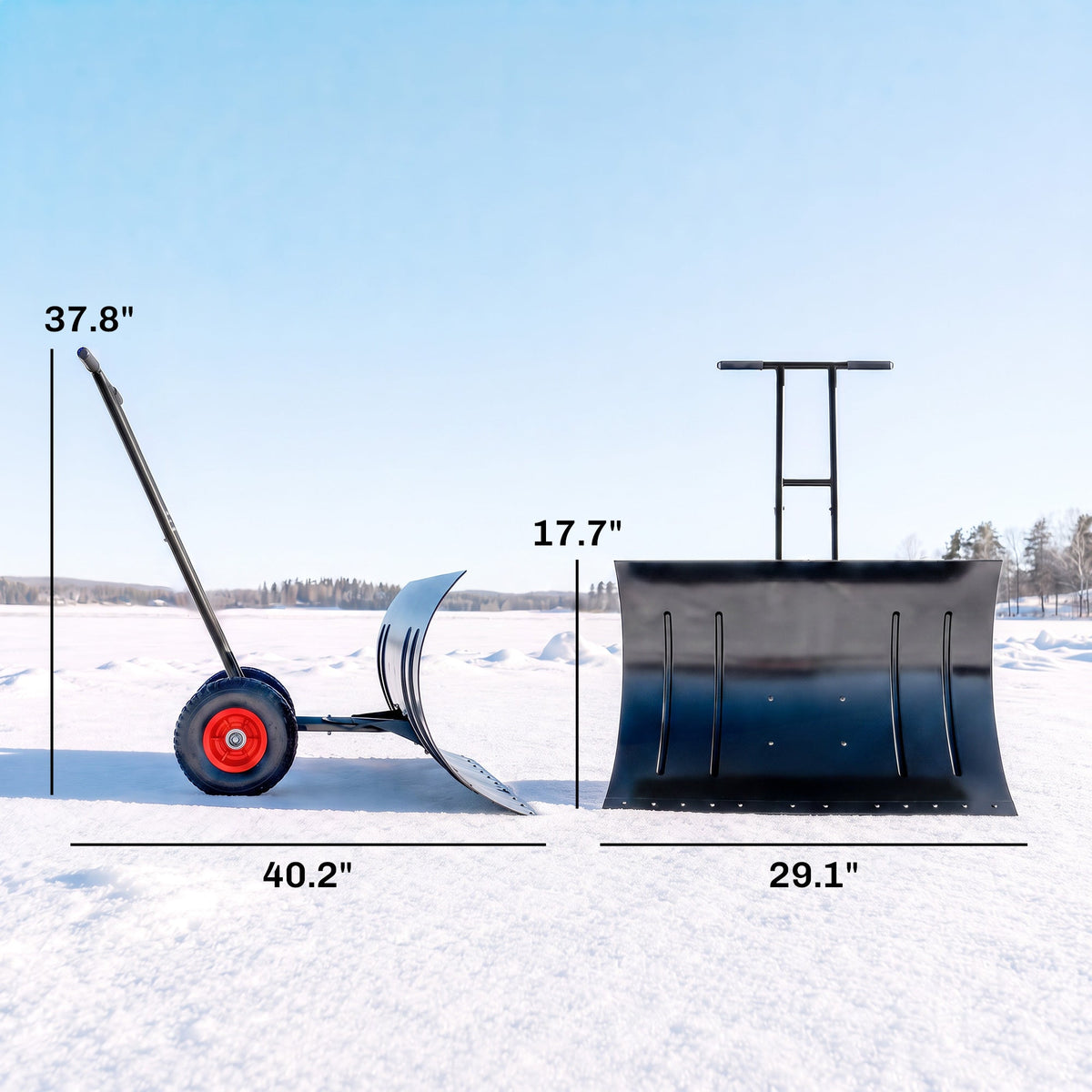 29" x 18" Heavy Duty Metal Snow Pusher with Wheels, 5-Level Adjustable Handle, Black