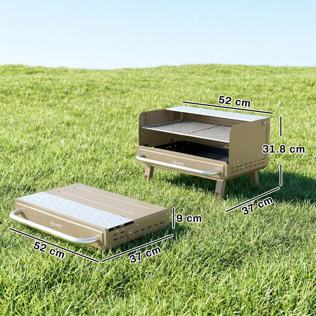Portable Charcoal BBQ Grill with Adjustable Grates and Side Shelf, Khaki