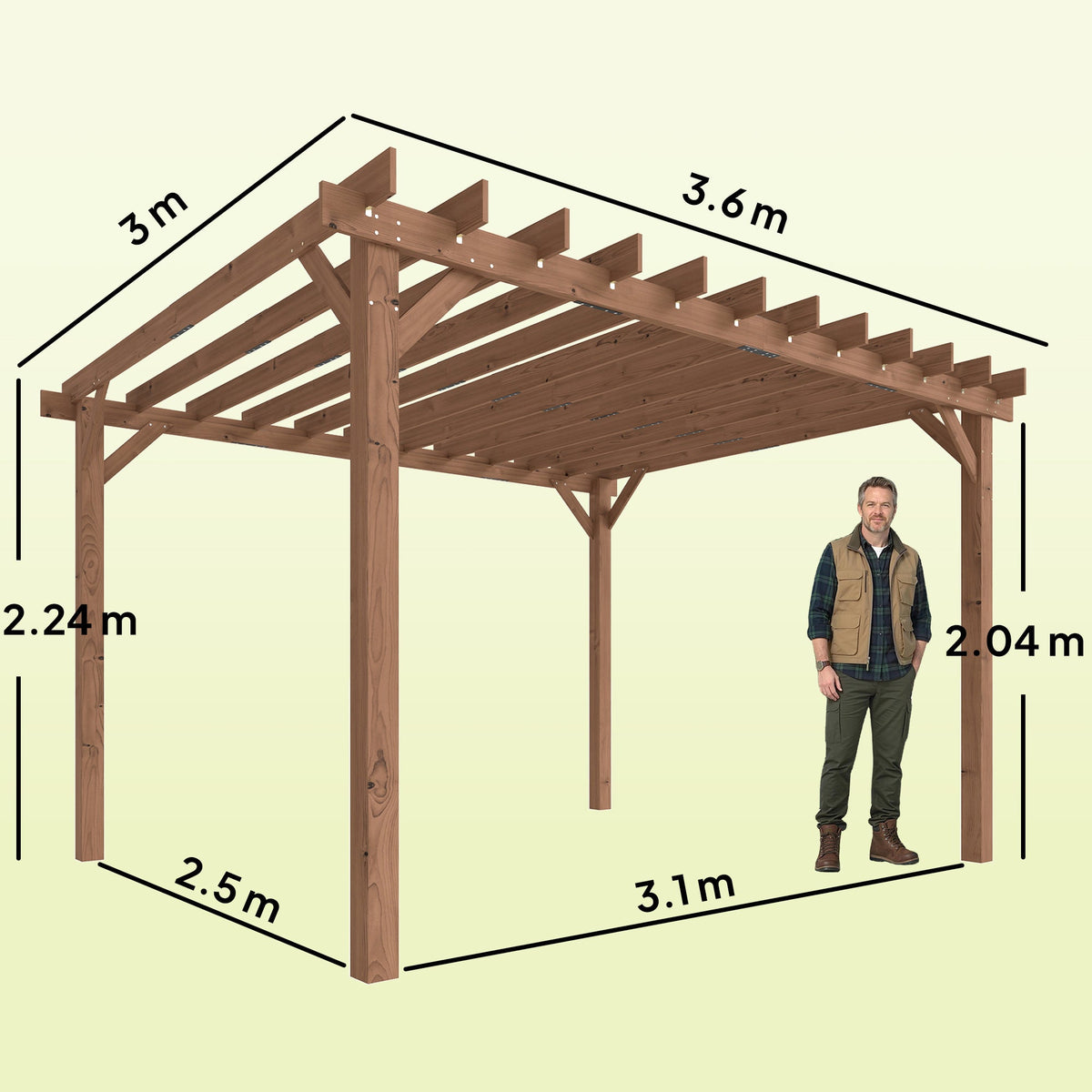 PerArbor 3.6 x 3 m Maple Wood-effect Pergola with Triangle Supports for Climbing Vines