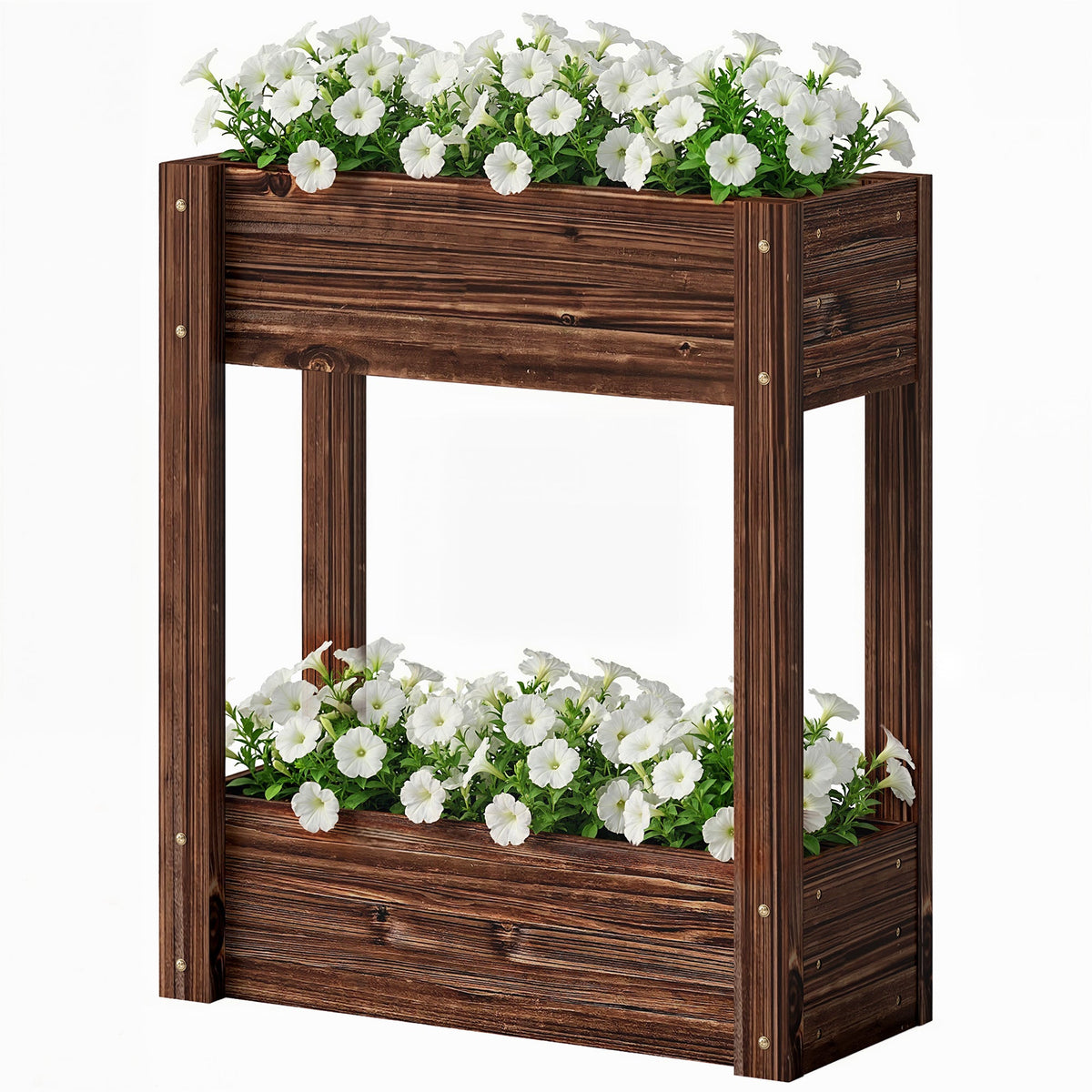 2-Tier Wooden Raised Planter with Liner, 60 x 25 x 70 cm