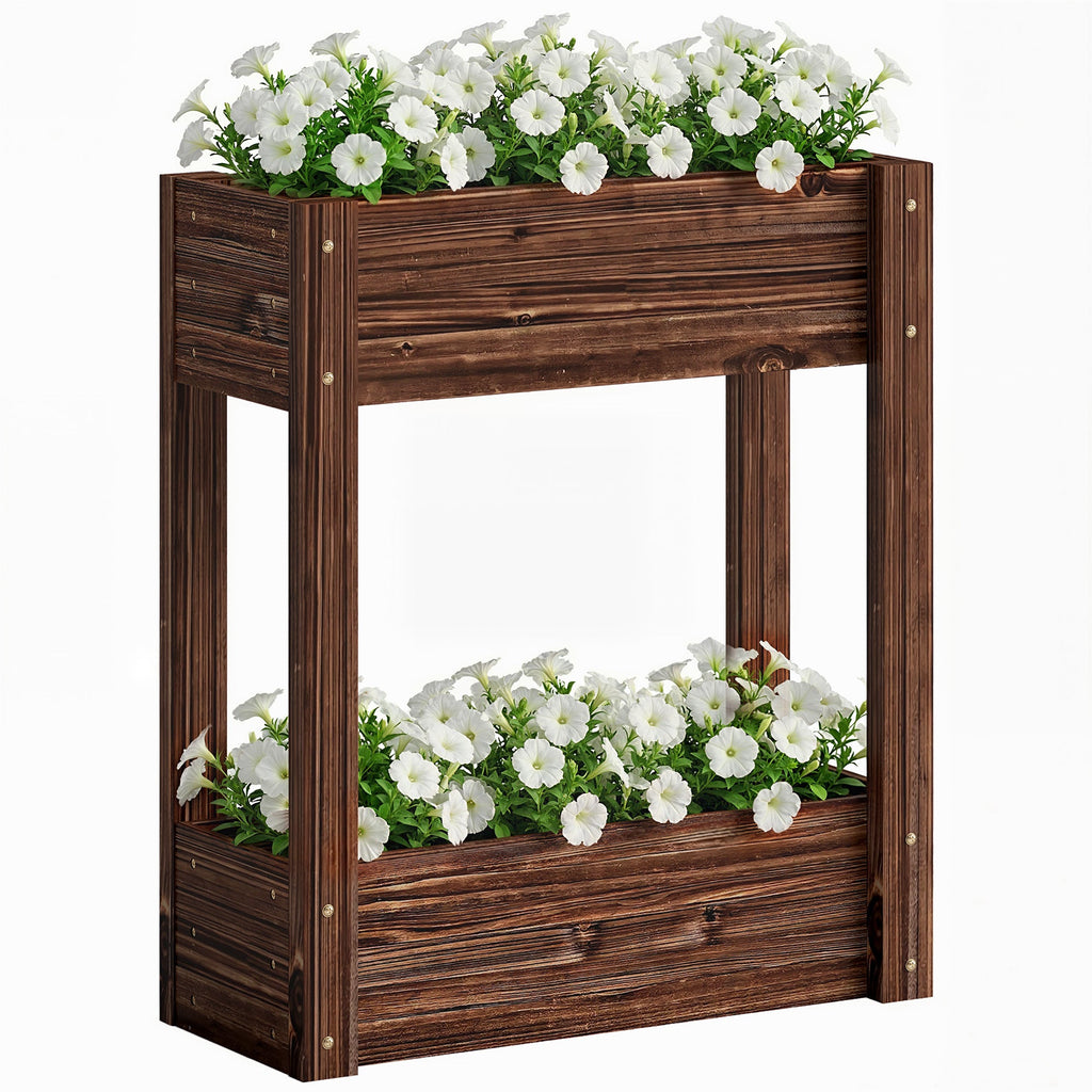 2-Tier Wooden Raised Planter with Liner, 60 x 25 x 70 cm