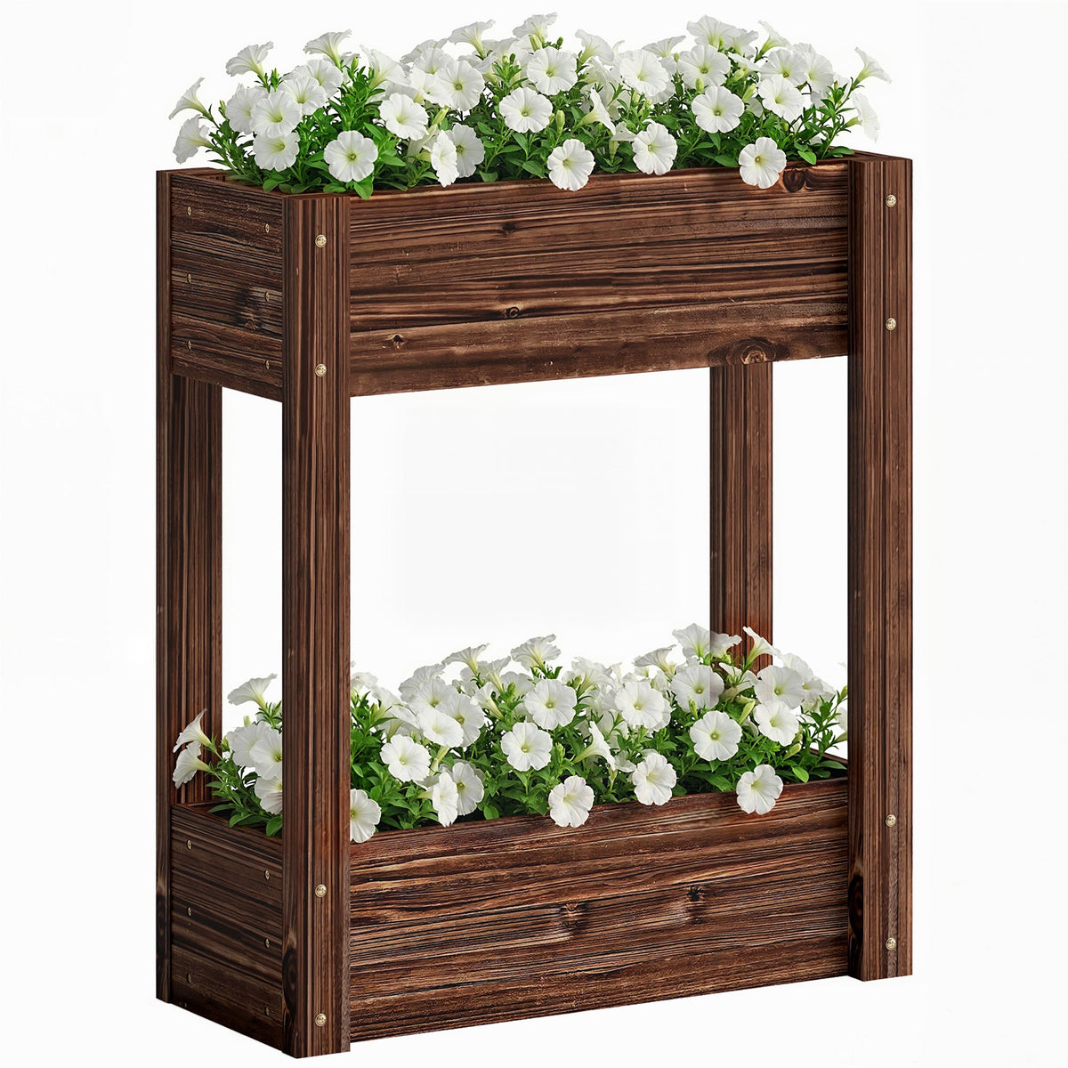 2-Tier Wooden Raised Planter with Liner, 60 x 25 x 70 cm