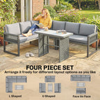 4 Piece Rattan Garden Furniture Set with 3 Loveseats, Grey