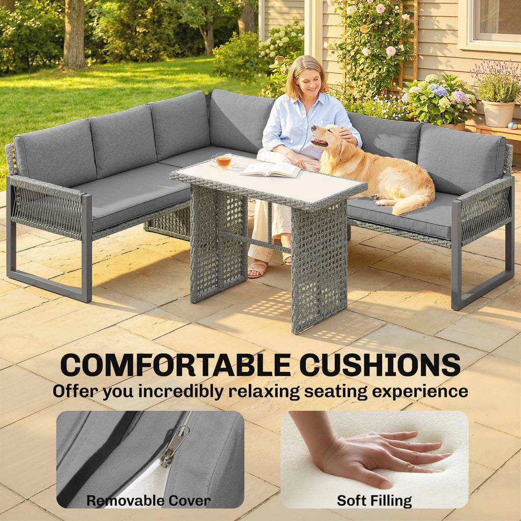 4 Piece Rattan Garden Furniture Set with 3 Loveseats, Grey