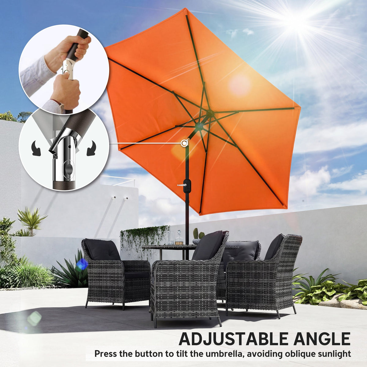 2.6 m Garden Parasol with Tilt, Crank, Vent & Aluminium Pole, Orange