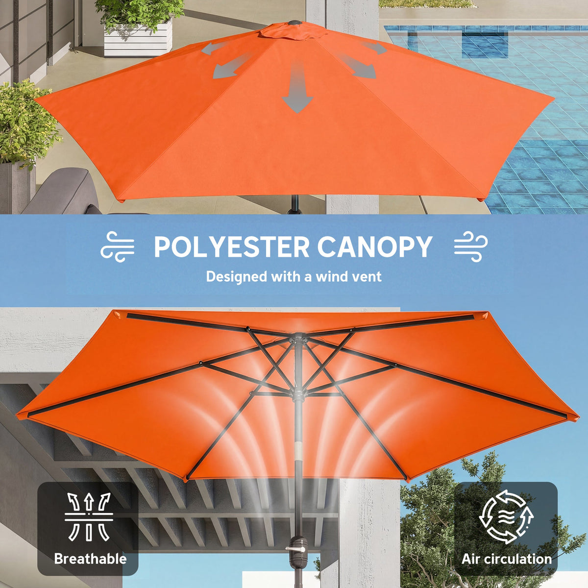2.6 m Garden Parasol with Tilt, Crank, Vent & Aluminium Pole, Orange