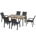 7-Piece Outdoor Dining Set with Slatted Rectangle Table and 6 Mesh Chairs, Black