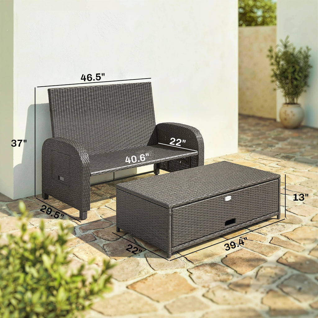 Rattan Patio Daybed with Storage Ottoman and Adjustable Backrest, Beige