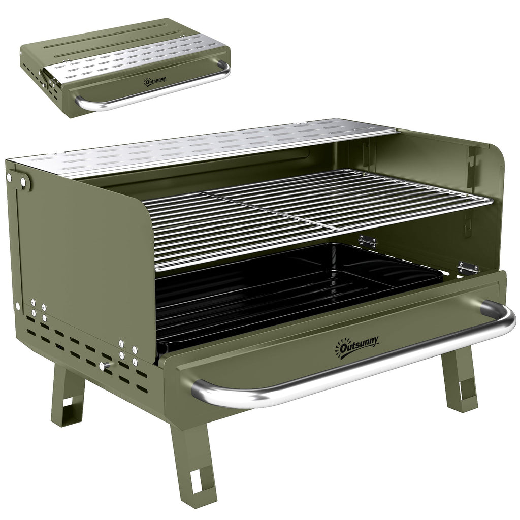 Portable Charcoal BBQ Grill with Adjustable Grates and Side Shelf, Green