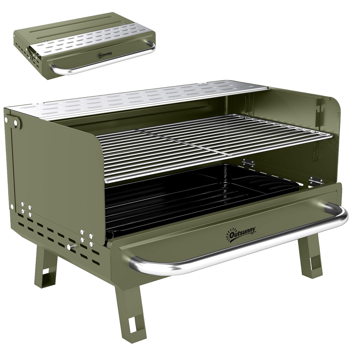 Portable Charcoal BBQ Grill with Adjustable Grates and Side Shelf, Green