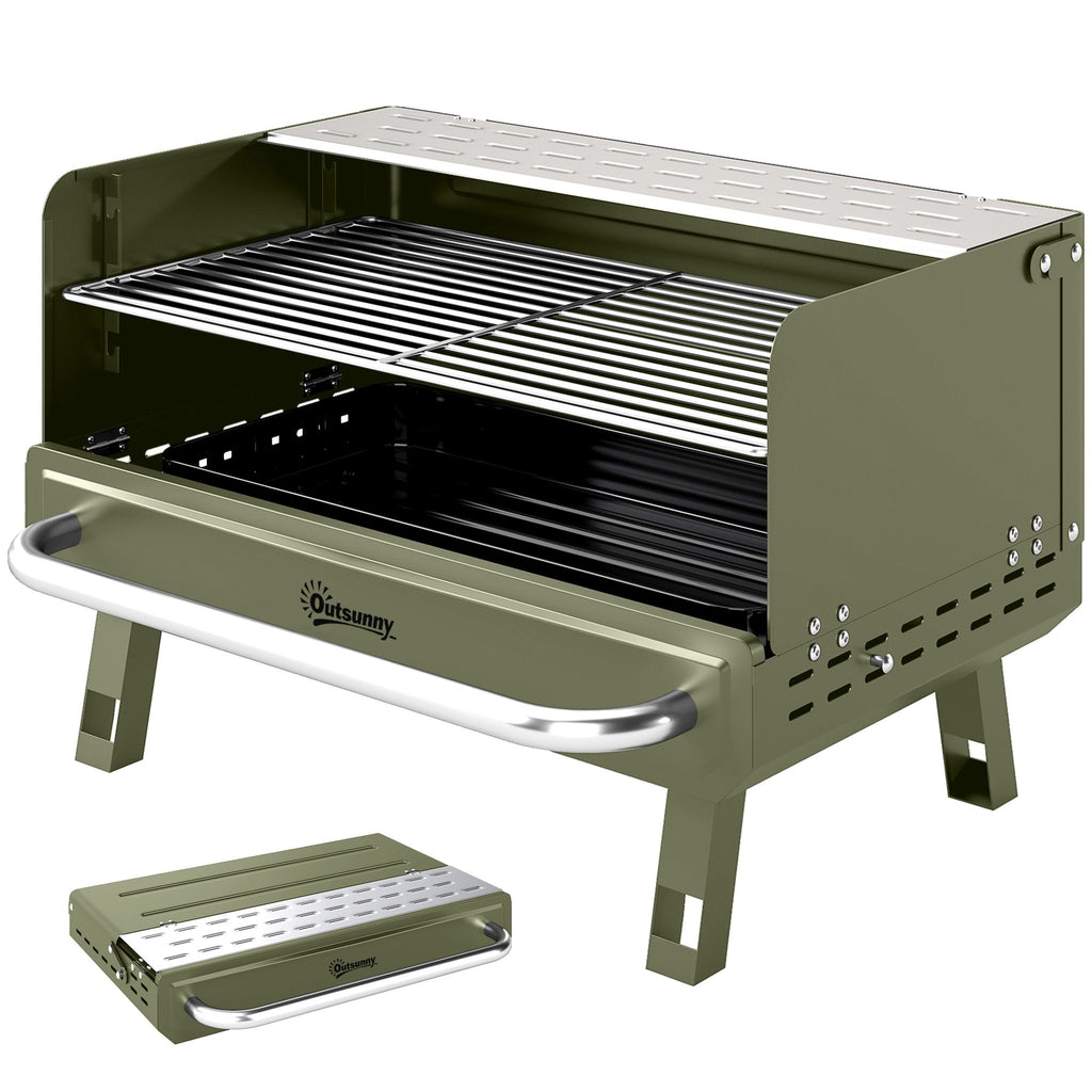 Portable Charcoal BBQ Grill with Adjustable Grates and Side Shelf, Green