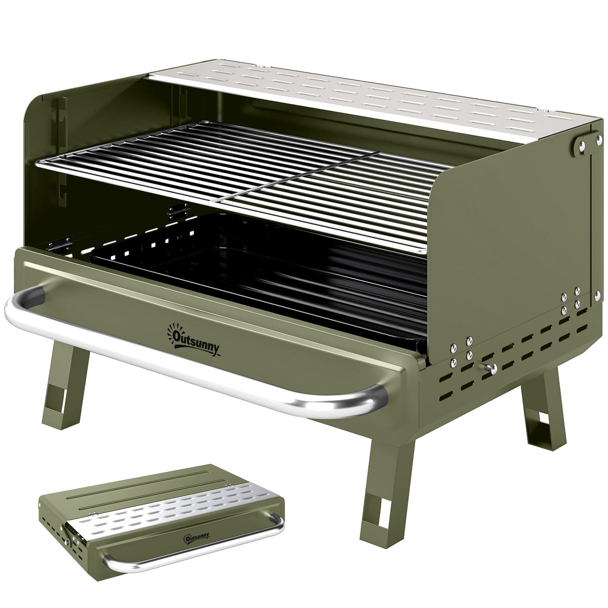 Portable Charcoal BBQ Grill with Adjustable Grates and Side Shelf, Green