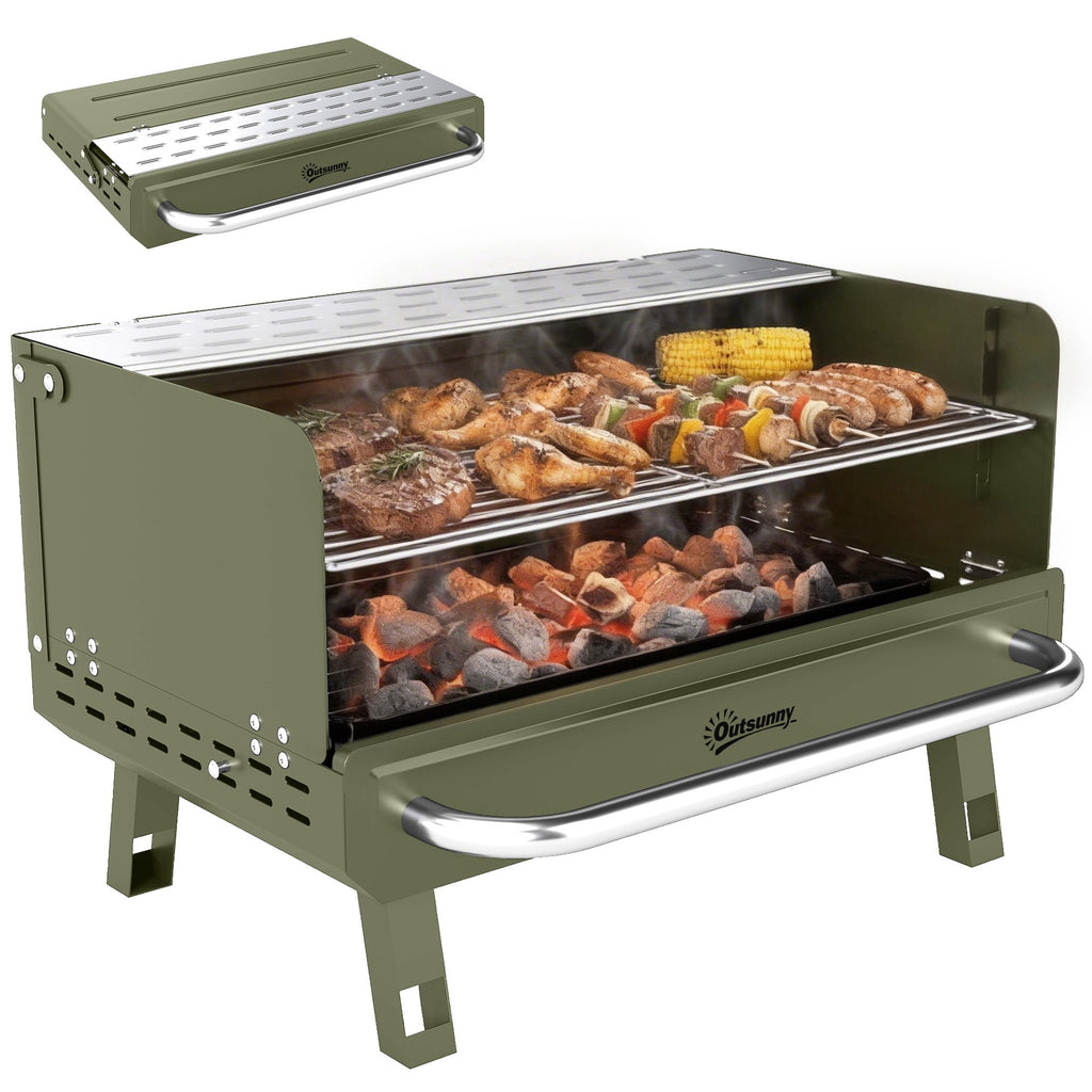 Portable Charcoal BBQ Grill with Adjustable Grates and Side Shelf, Green