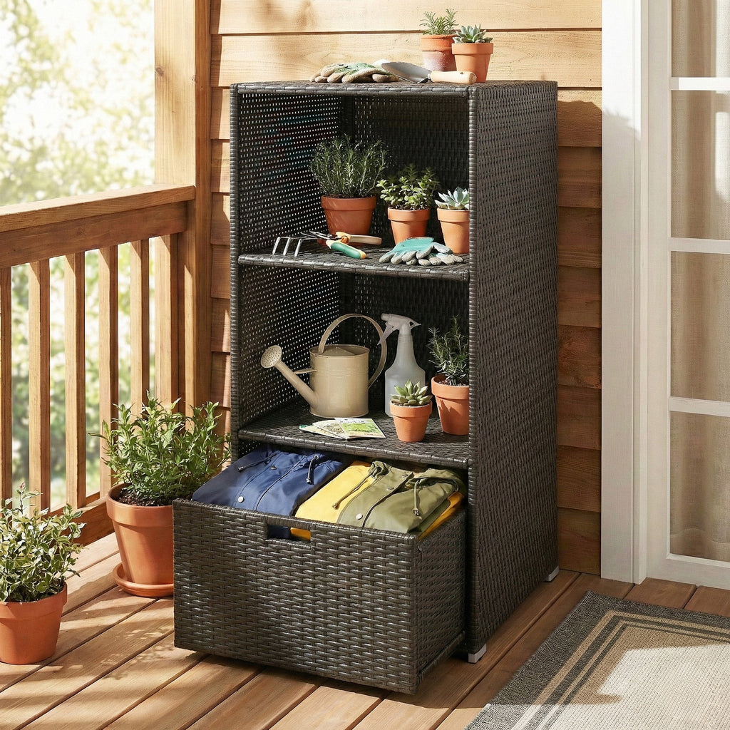 Pool Towel Rack with 2 Shelves and Basket Drawer, PE Rattan, Dark Brown