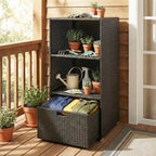 Pool Towel Rack with 2 Shelves and Basket Drawer, PE Rattan, Dark Brown