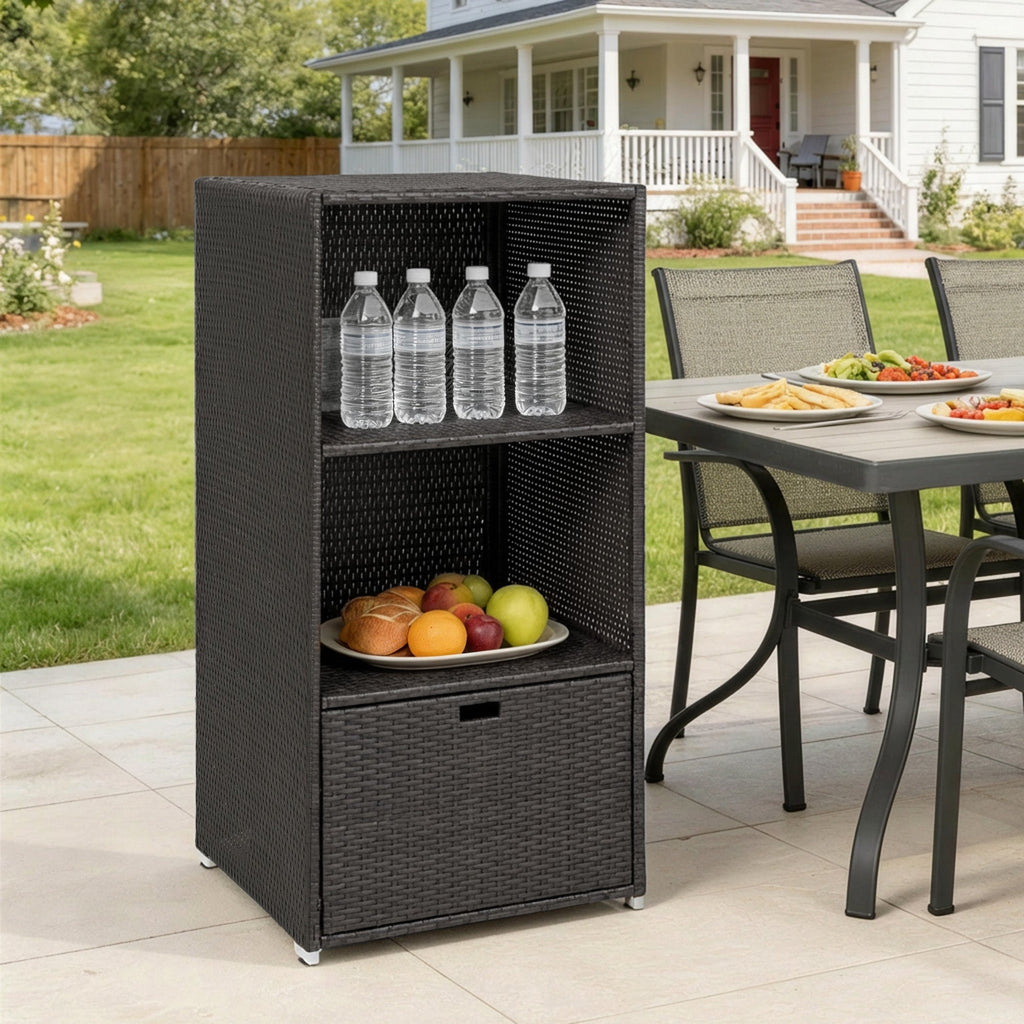 Pool Towel Rack with 2 Shelves and Basket Drawer, PE Rattan, Dark Brown