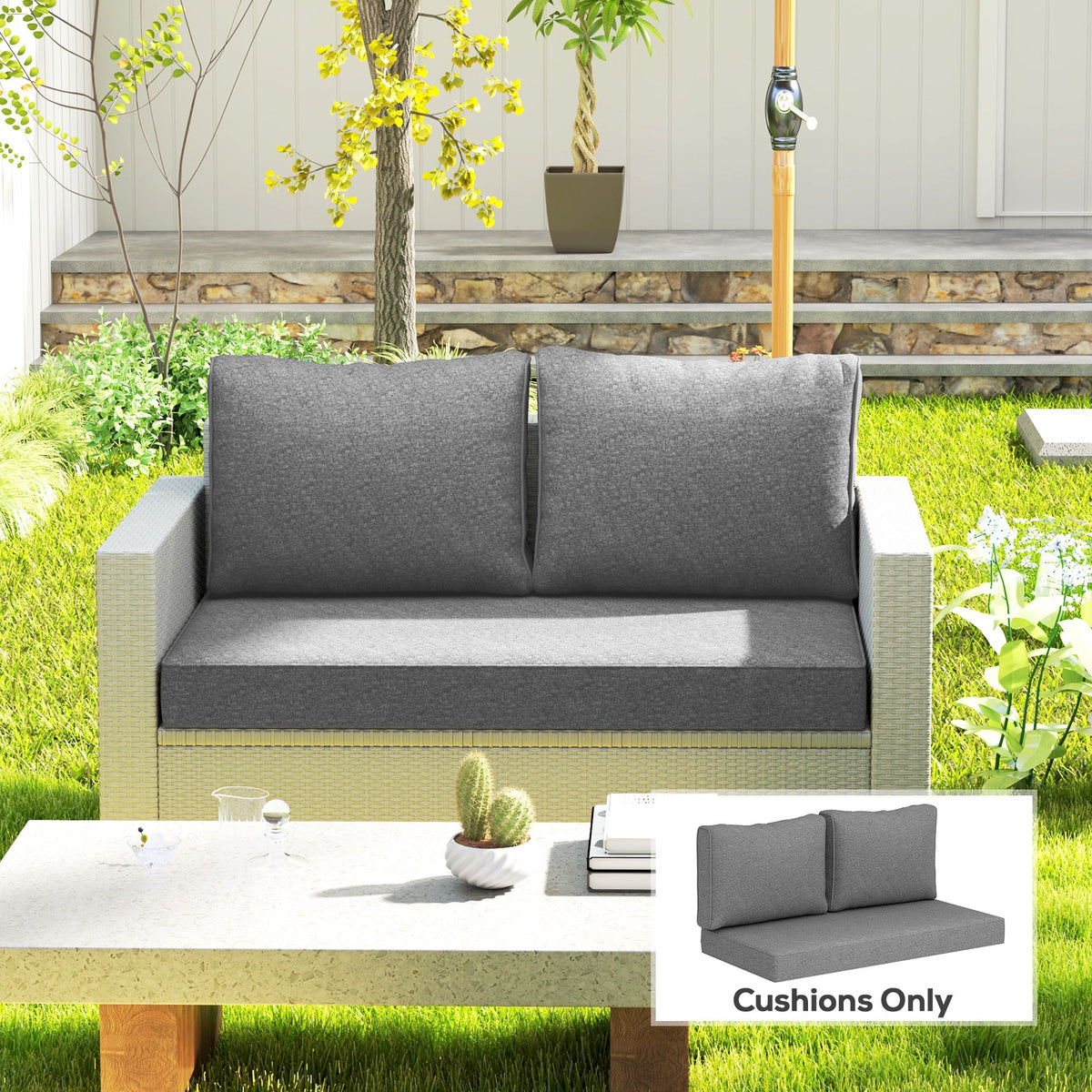 2 Seater Outdoor Seat Cushions with Backrest, Grey
