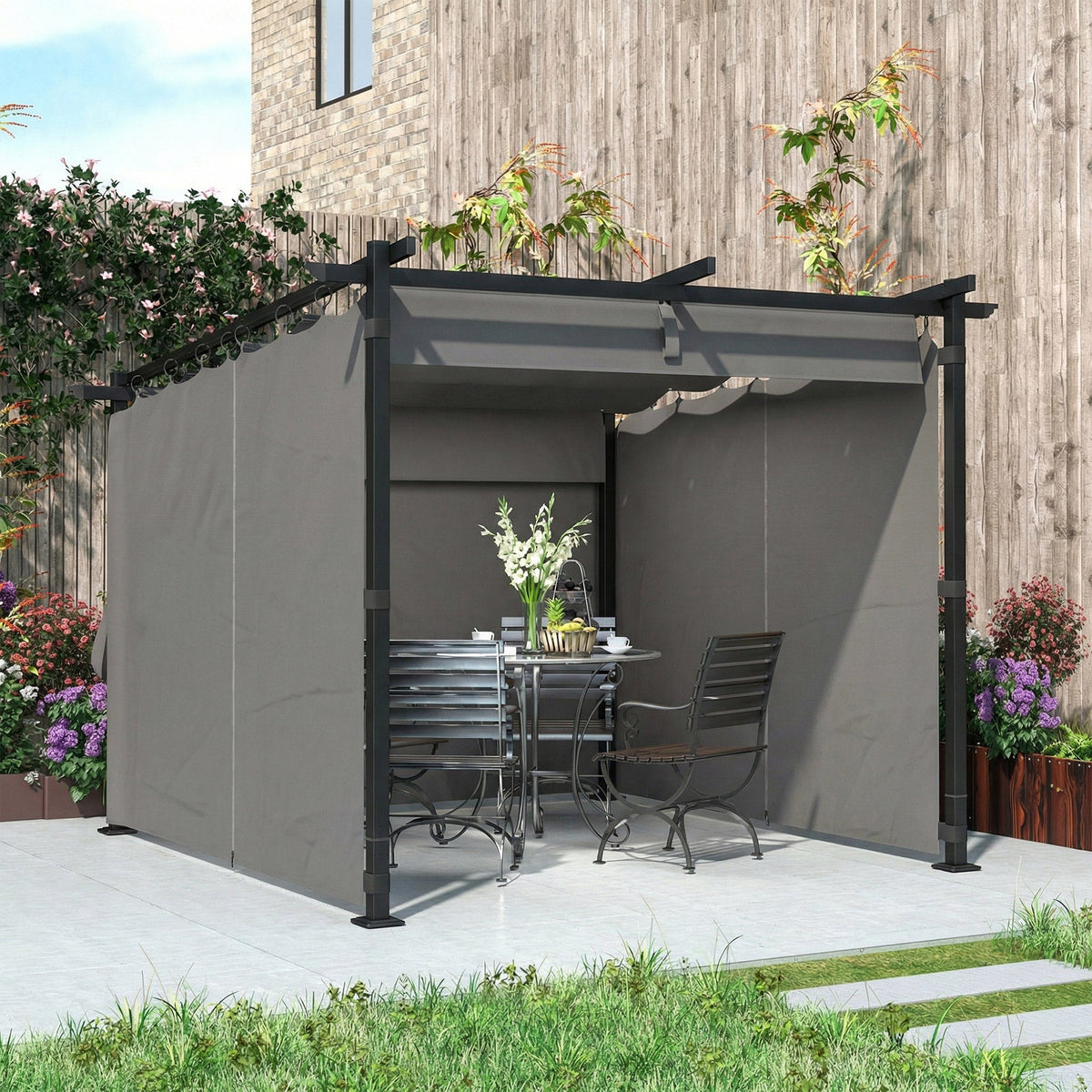 3 x 3 m Metal Pergola with Retractable Roof and Sidewalls, Light Grey