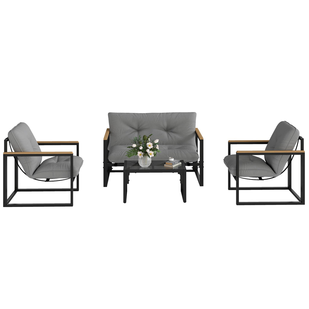 4 Piece Patio Furniture Set with Loveseat, Coffee Table and Thick Cushions, Light Grey