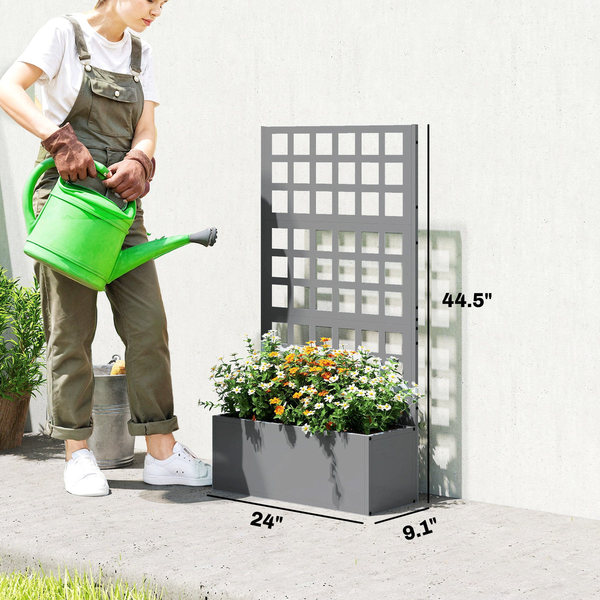 24" x 9" x 44.5" Raised Garden Bed with Trellis and Drainage, Gray