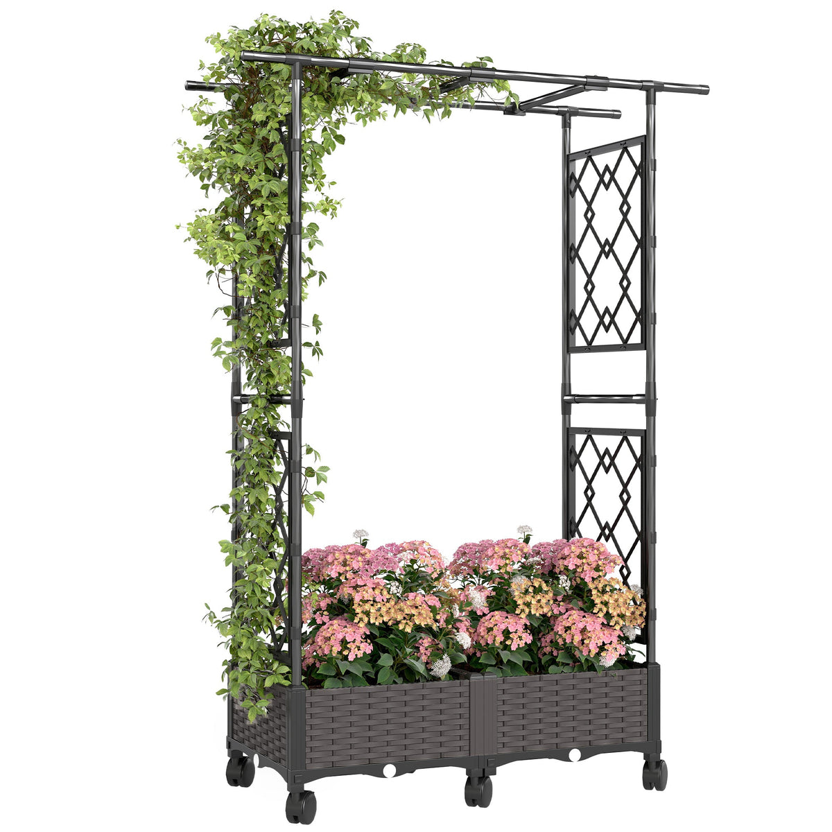 Raised Garden Bed with Arch Trellis, Wheels and Self-Watering Design