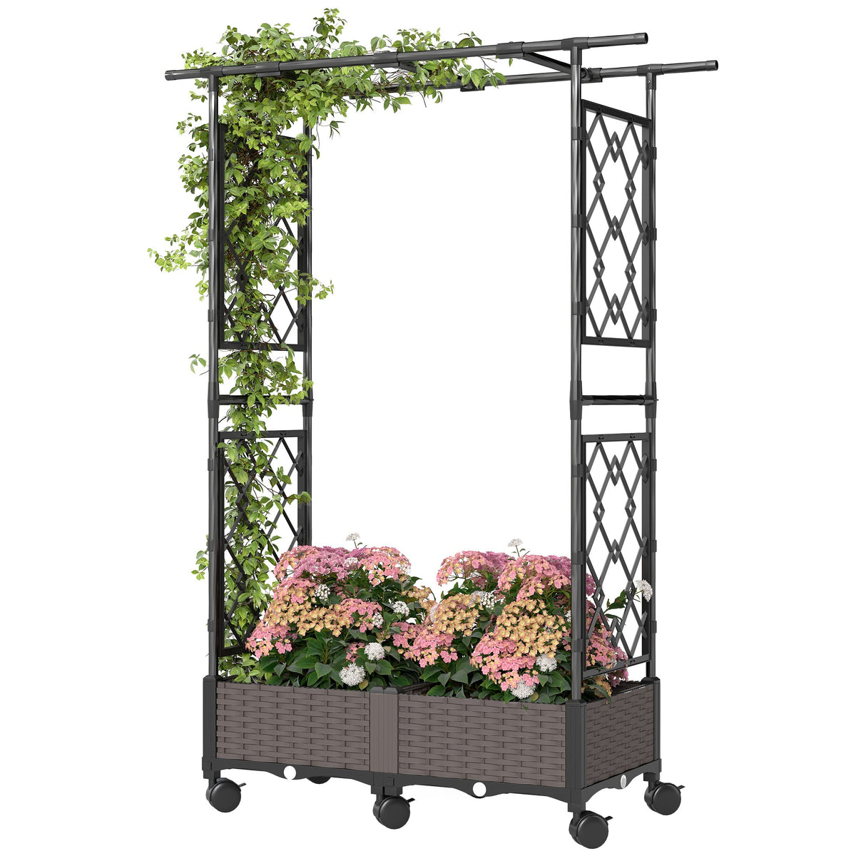 Raised Garden Bed with Arch Trellis, Wheels and Self-Watering Design