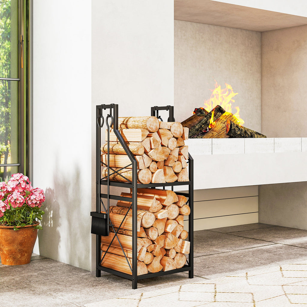 13 in 2-Tier Firewood Log Rack with Hooks & 4 Fireplace Tools, Black