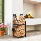 13 in 2-Tier Firewood Log Rack with Hooks & 4 Fireplace Tools, Black