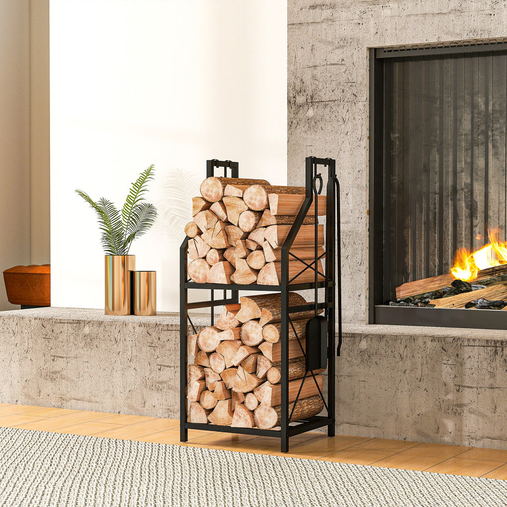 13 in 2-Tier Firewood Log Rack with Hooks & 4 Fireplace Tools, Black