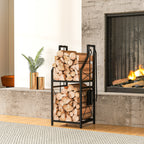 13 in 2-Tier Firewood Log Rack with Hooks & 4 Fireplace Tools, Black