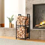 13 in 2-Tier Firewood Log Rack with Hooks & 4 Fireplace Tools, Black