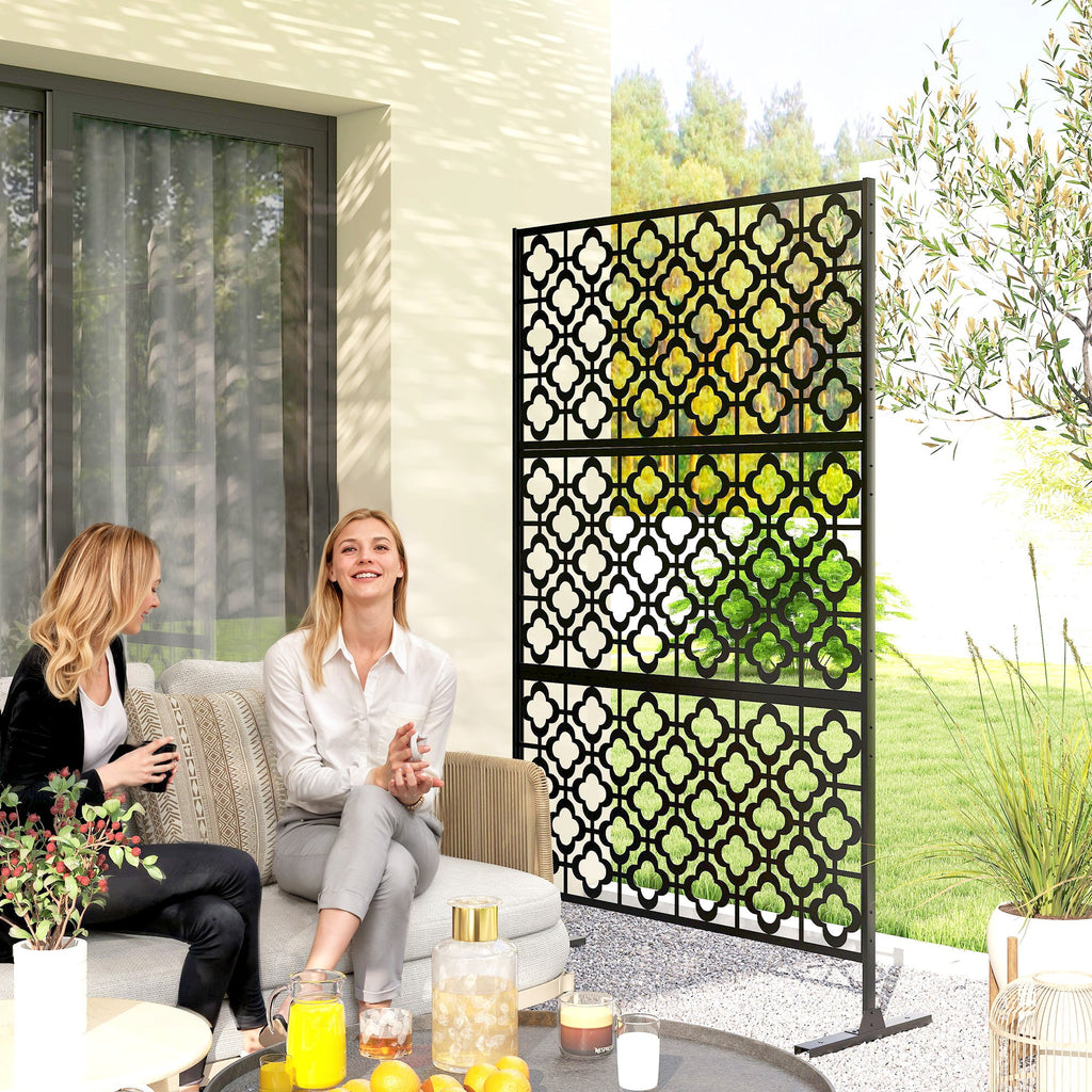 78" x 48" Metal Outdoor Privacy Screen, Quatrefoil Design, Black