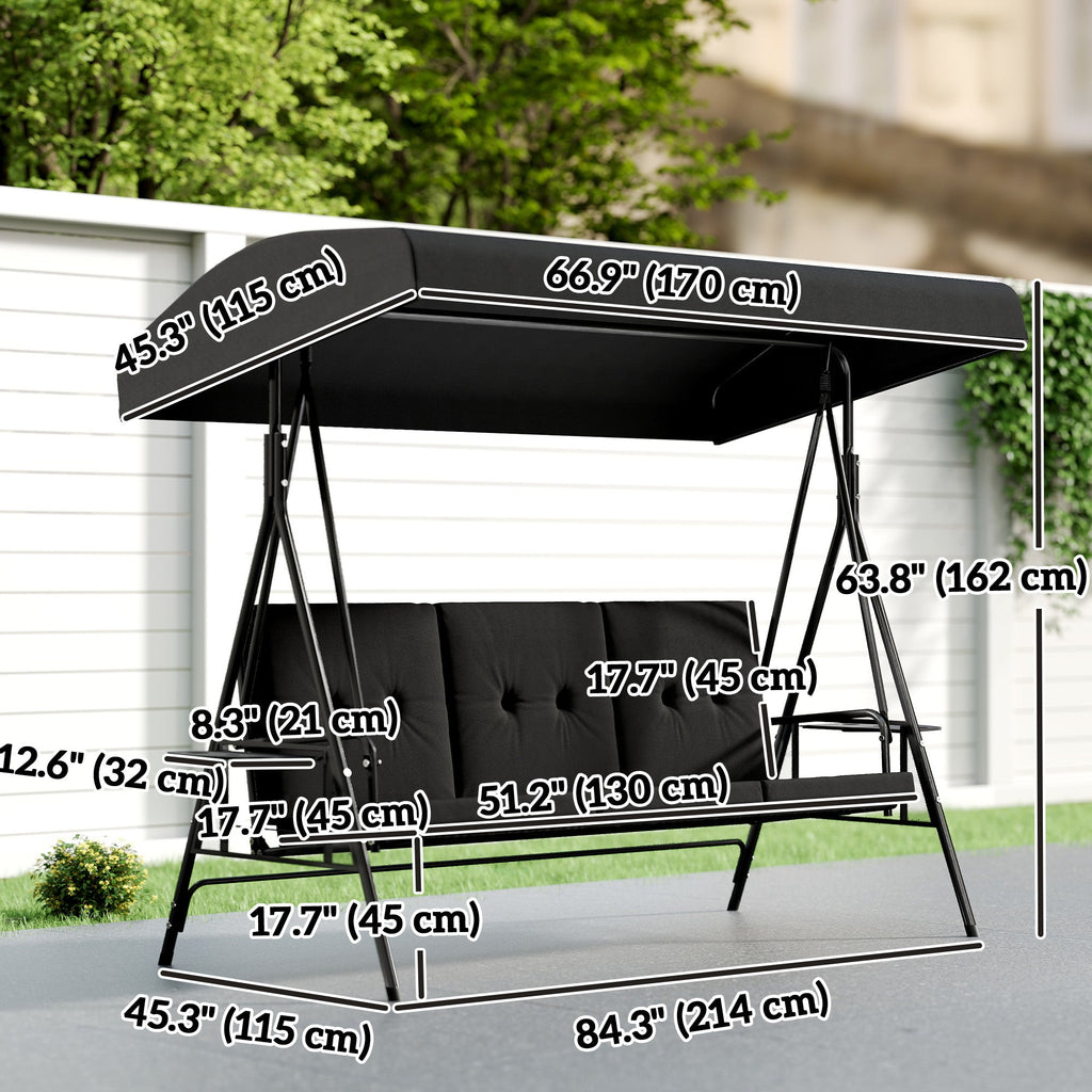3-Seat Patio Swing Chair with Adjustable Canopy and Side Tray, Black